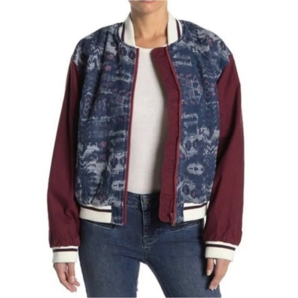 Free People Women's Bomber Jacket Size XS Varsity Chambray Print We The Free